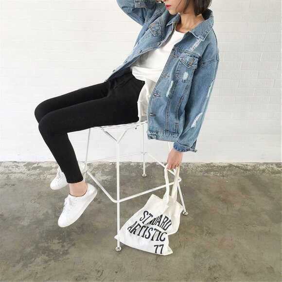 Oversized Denim Jacket for Women Destoryed Long Sleeve Boyfriend Jean Jacket Loo - Picture 4 of 8